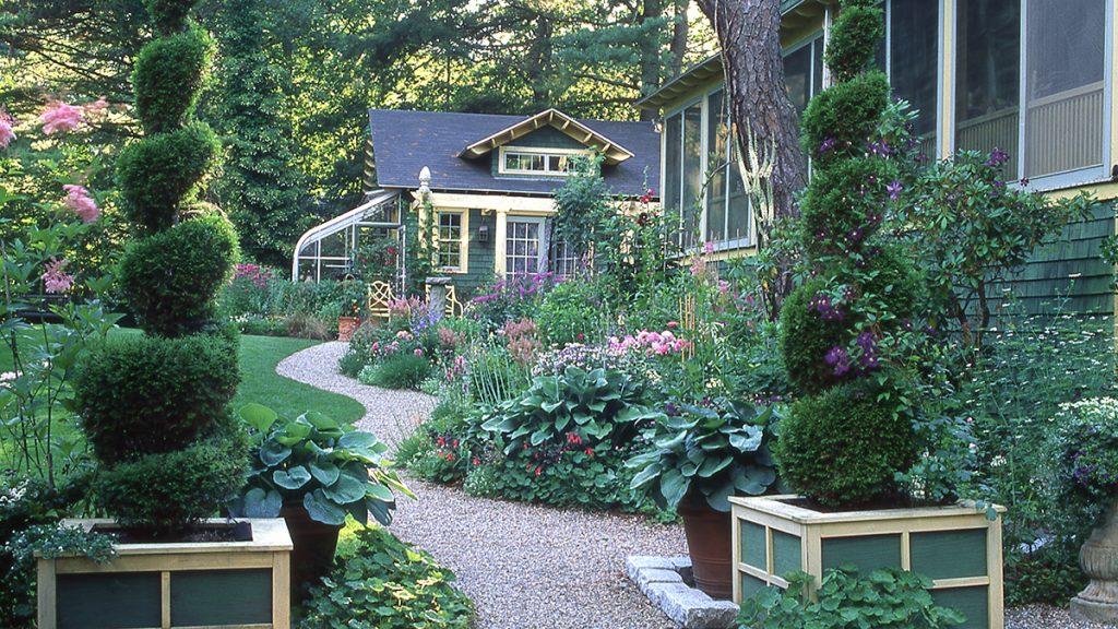Cottage garden with clipped topiary, gravel path, and layered perennials in front of a bungalow